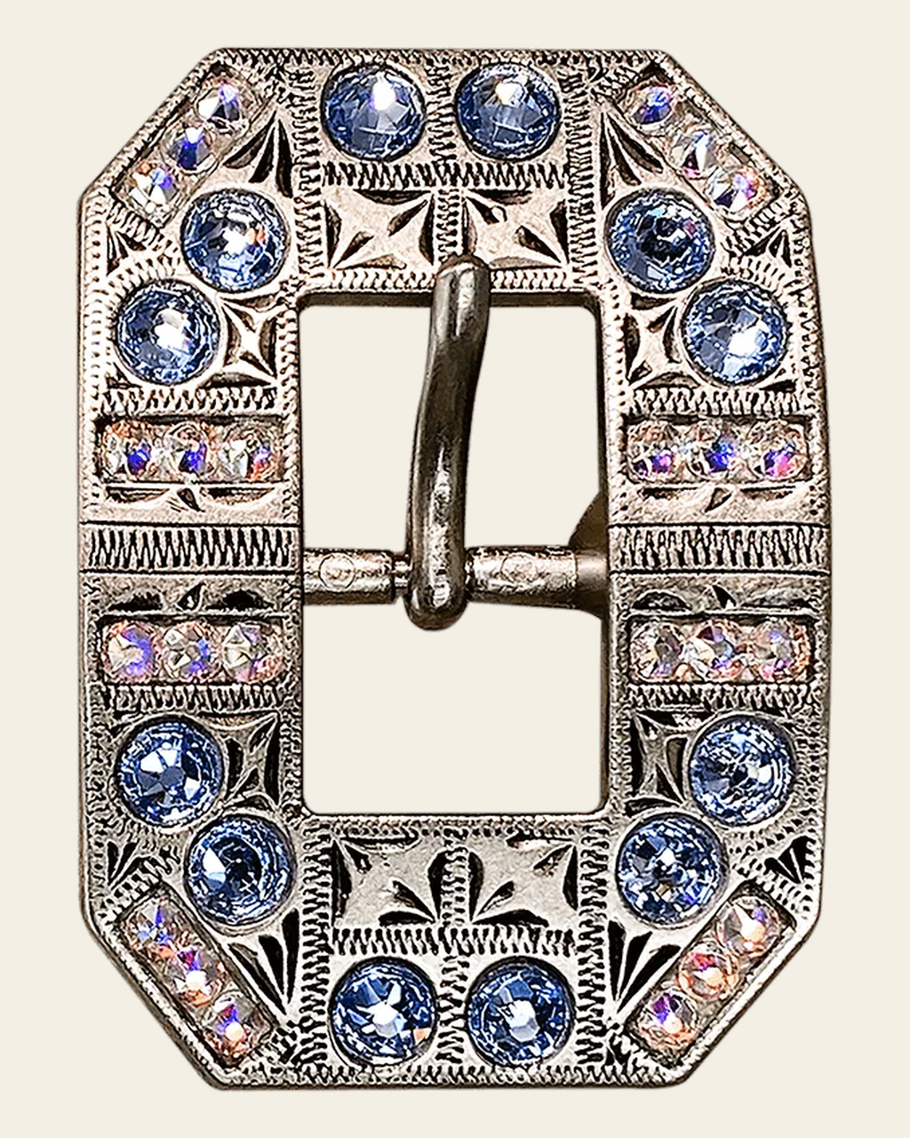 Light Sapphire & AB Antique Silver Square Cart Buckle European Crystal Concho on a warm cream background