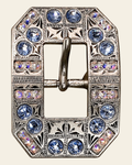Light Sapphire & AB Antique Silver Square Cart Buckle European Crystal Concho on a warm cream background