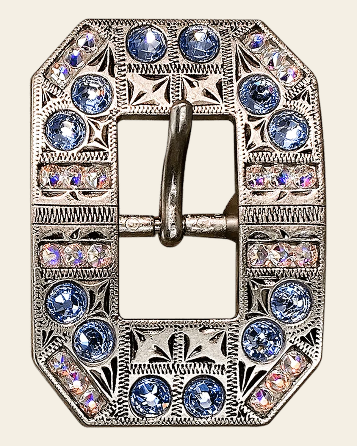 Light Sapphire & AB Antique Silver Square Cart Buckle European Crystal Concho on a warm cream background