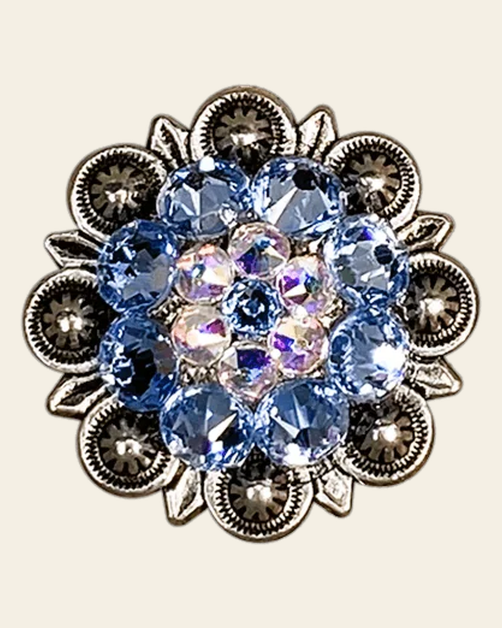 Light Sapphire & AB Antique Silver 1.25" European Crystal Concho on a warm cream background