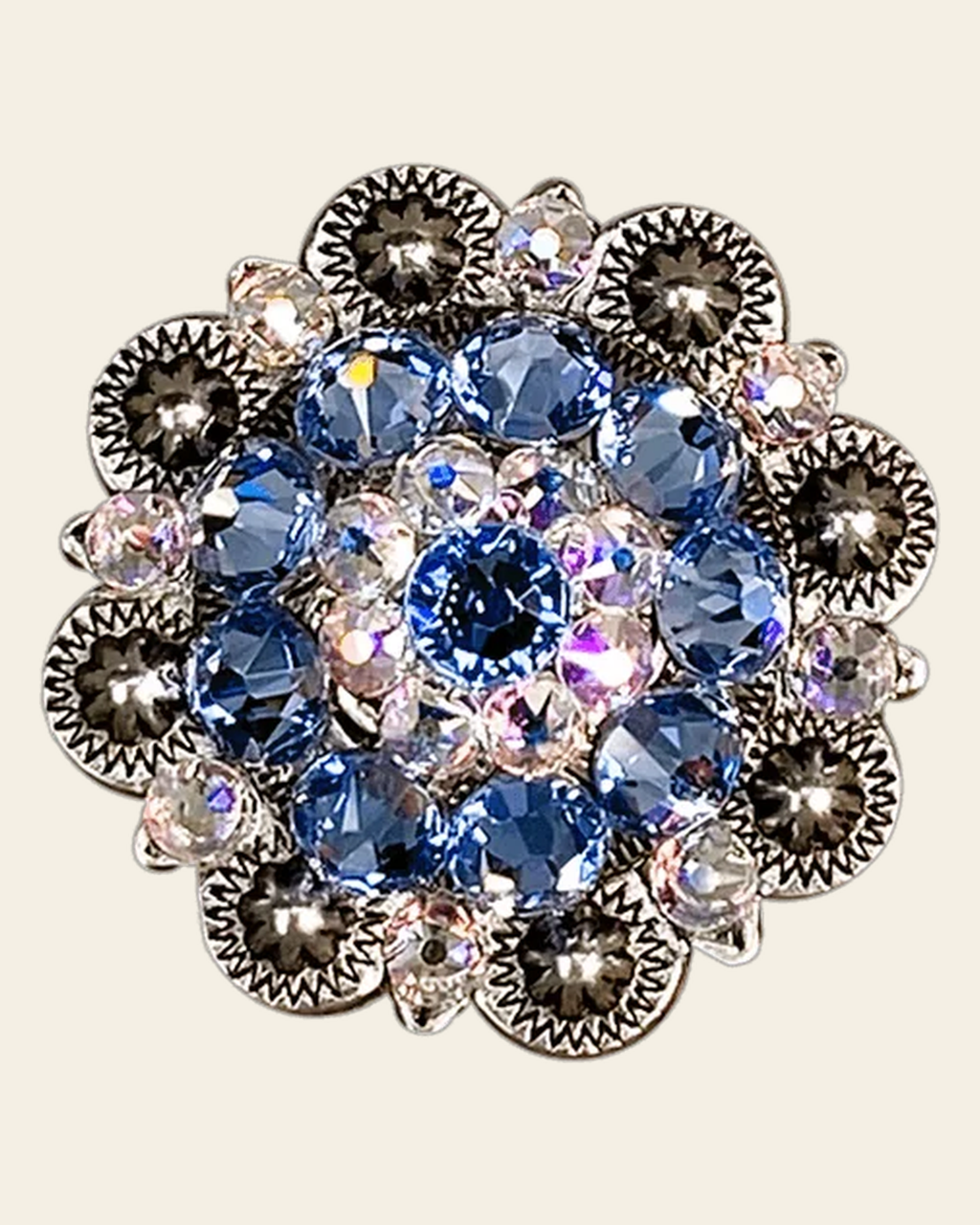 Light Sapphire & AB Antique Silver 1.5" European Crystal Concho on a warm cream background