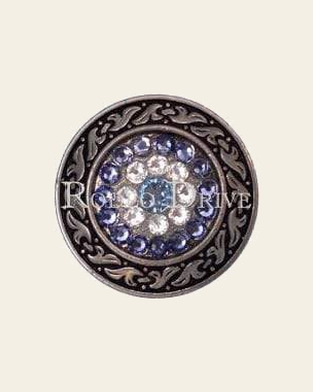 Light Sapphire Clear & Lilac Antique Silver 1.5" Disc European Crystal Concho on a warm cream background