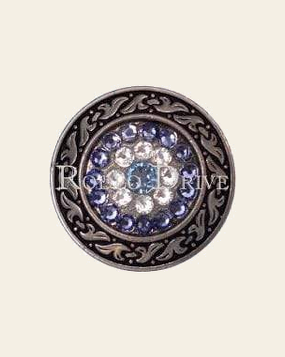 Light Sapphire Clear & Lilac Antique Silver 1.5" Disc European Crystal Concho on a warm cream background