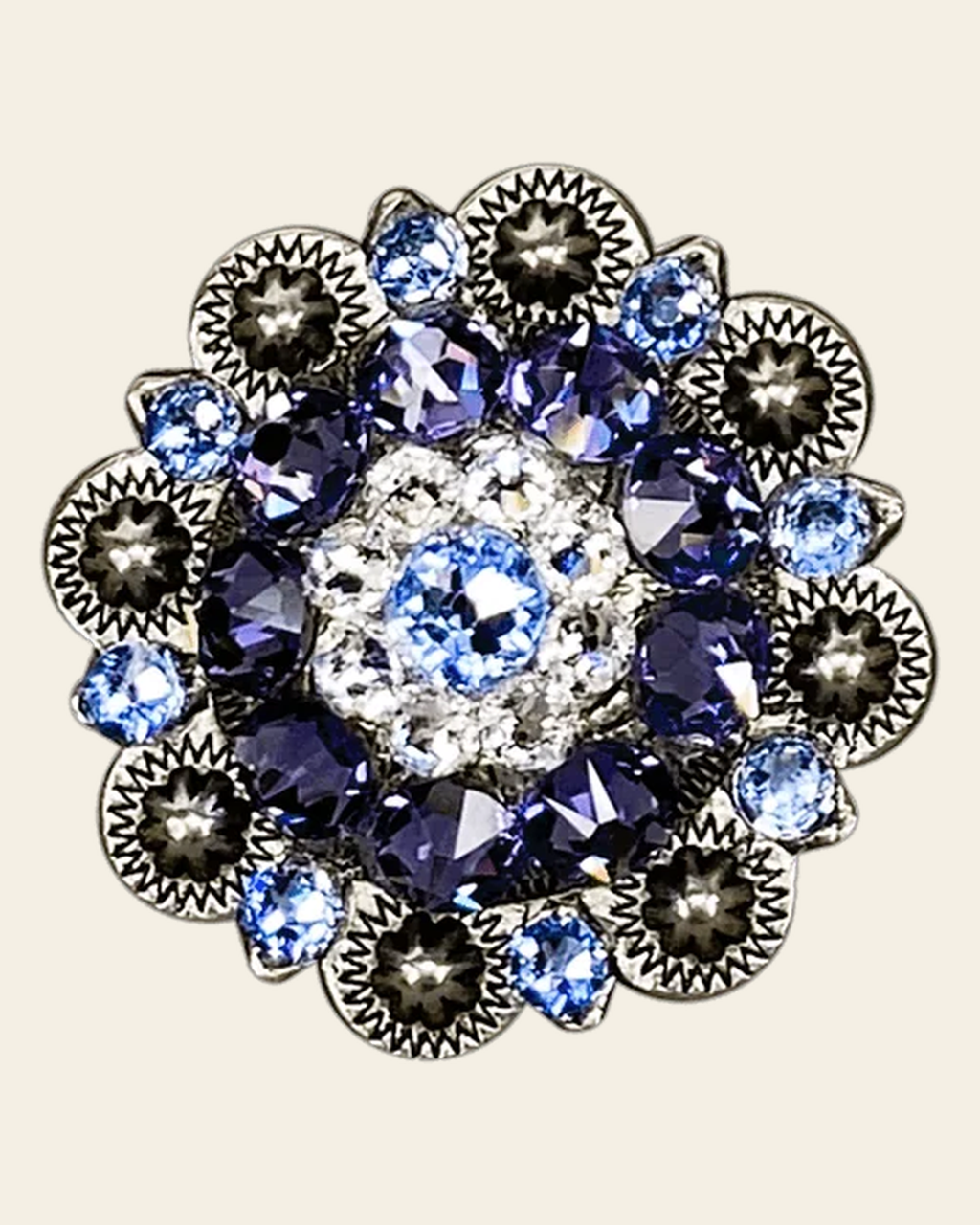 Light Sapphire Clear & Lilac Antique Silver 1.5" European Crystal Concho on a warm cream background