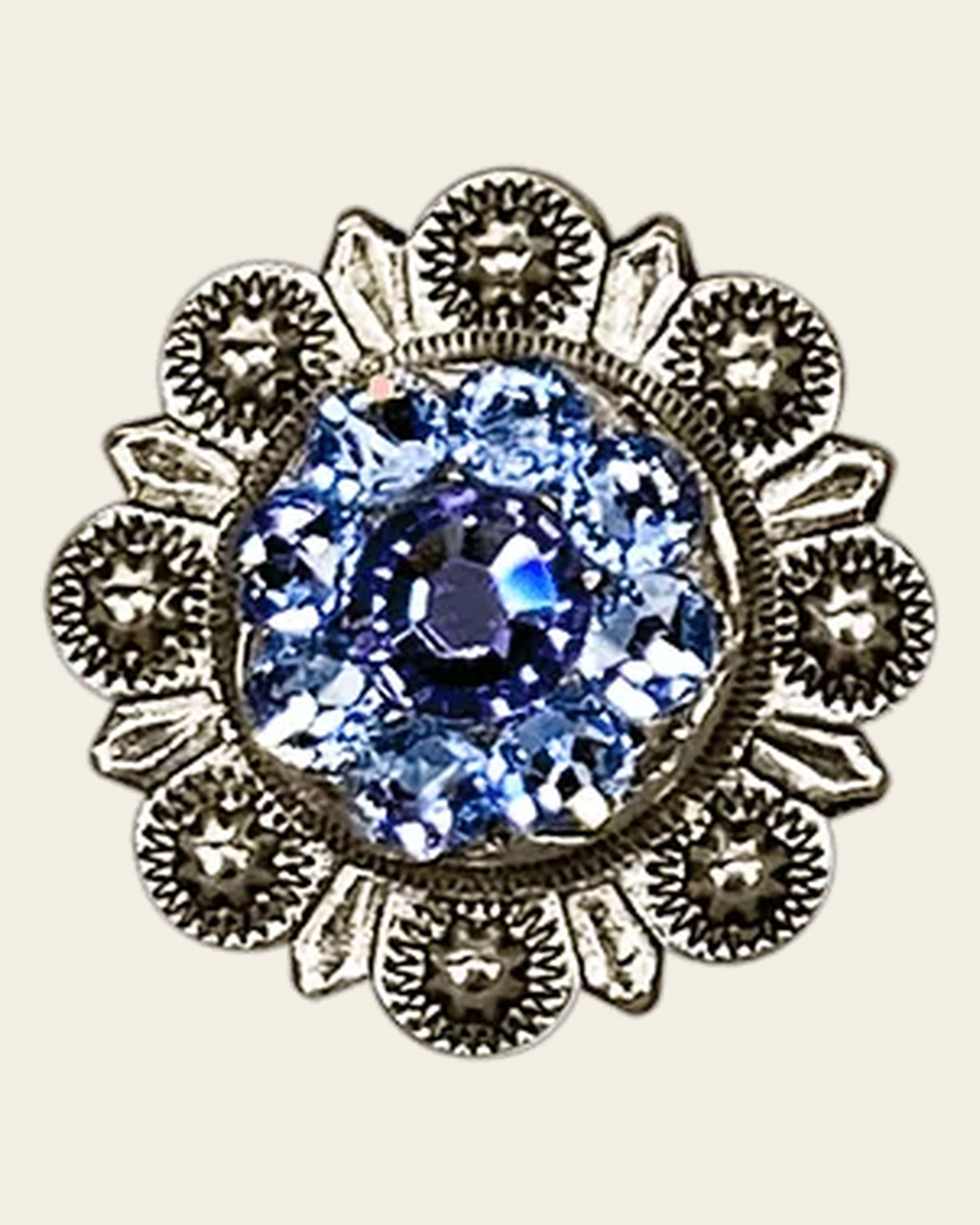 Light Sapphire & Lilac Antique Silver 1" European Crystal Concho on a warm cream background