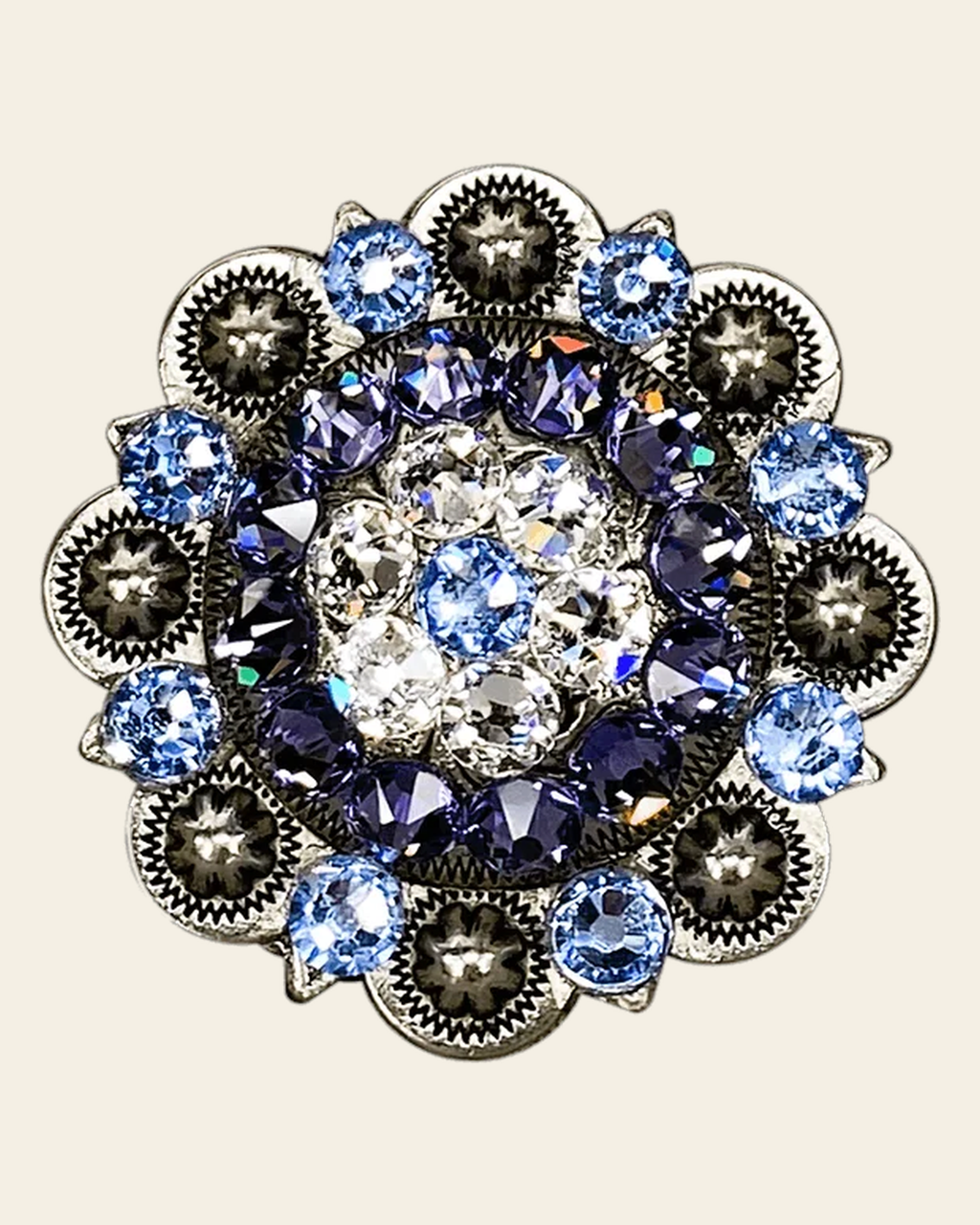 Light Sapphire Clear & Lilac Antique Silver 2" European Crystal Concho on a warm cream background