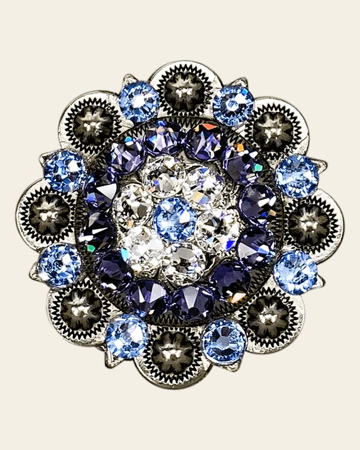 Light Sapphire Clear & Lilac Antique Silver 2" European Crystal Concho on a warm cream background