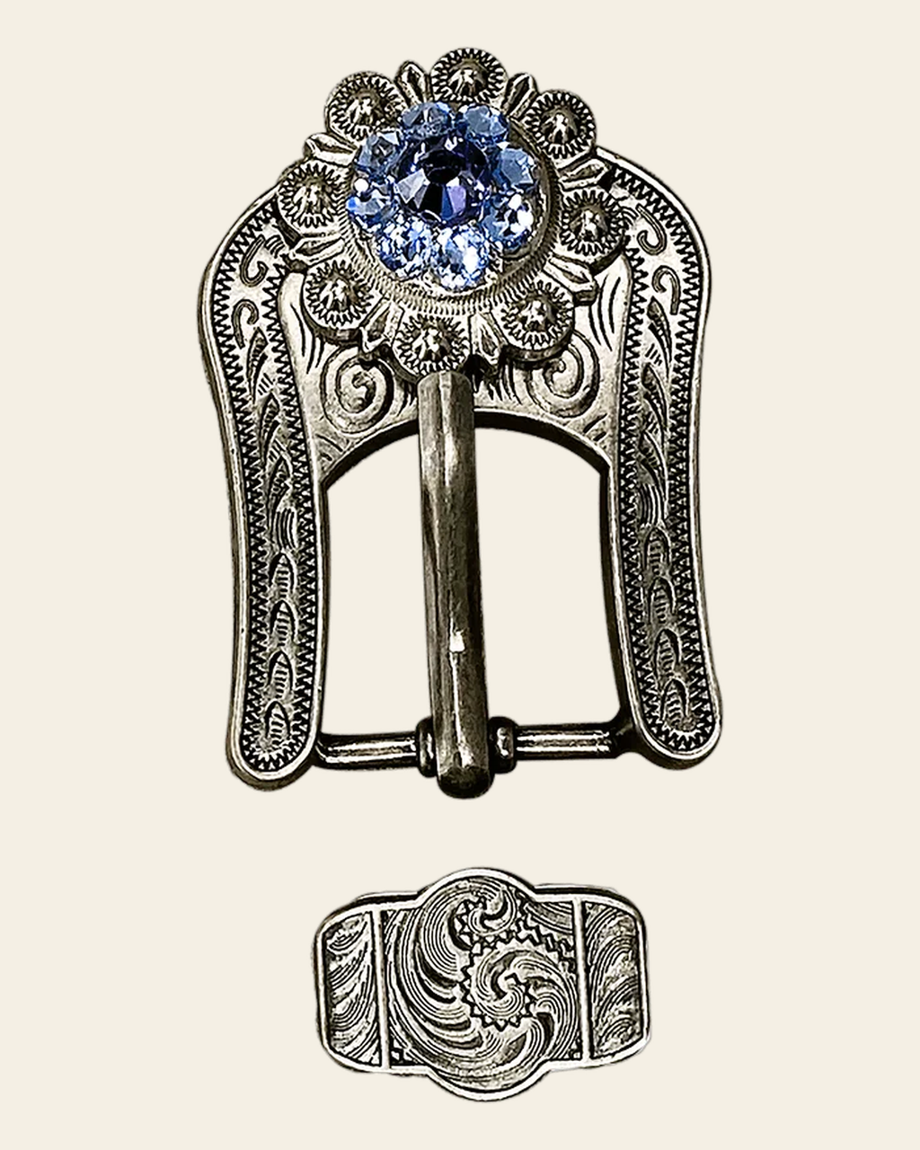 Light Sapphire Clear & Lilac Antique Silver European Crystal Buckle Keeper Set on a warm cream background