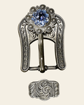 Light Sapphire Clear & Lilac Antique Silver European Crystal Buckle Keeper Set on a warm cream background