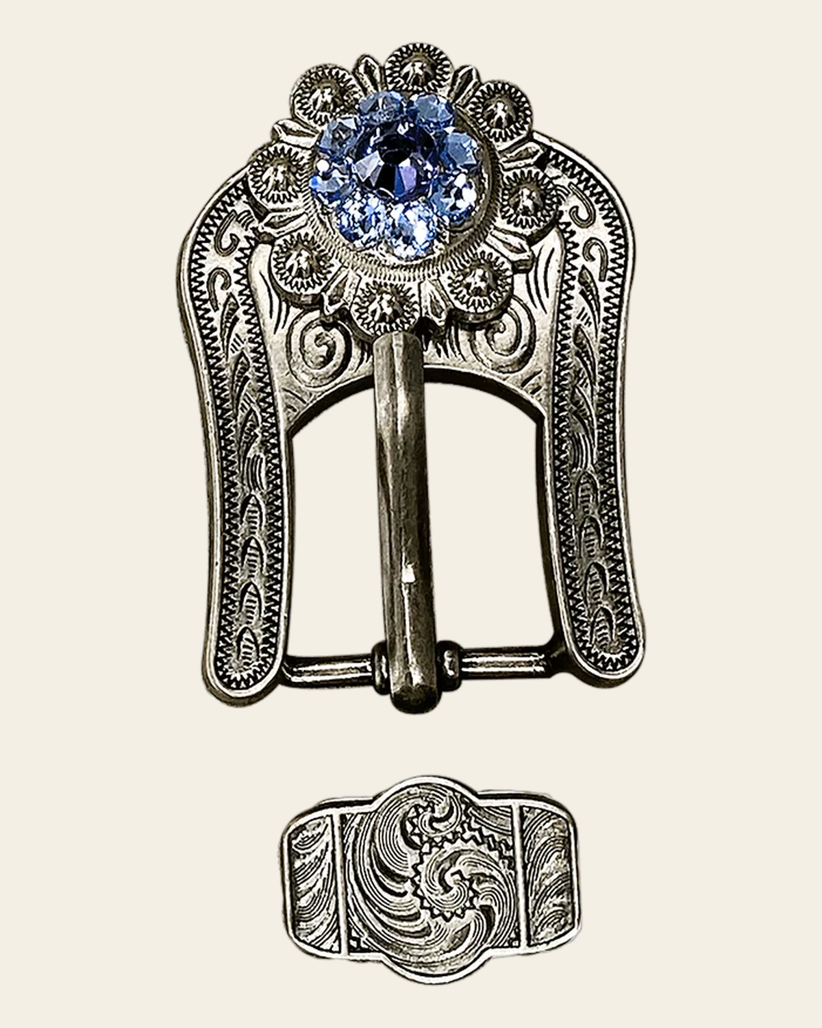 Light Sapphire Clear & Lilac Antique Silver European Crystal Buckle Keeper Set on a warm cream background