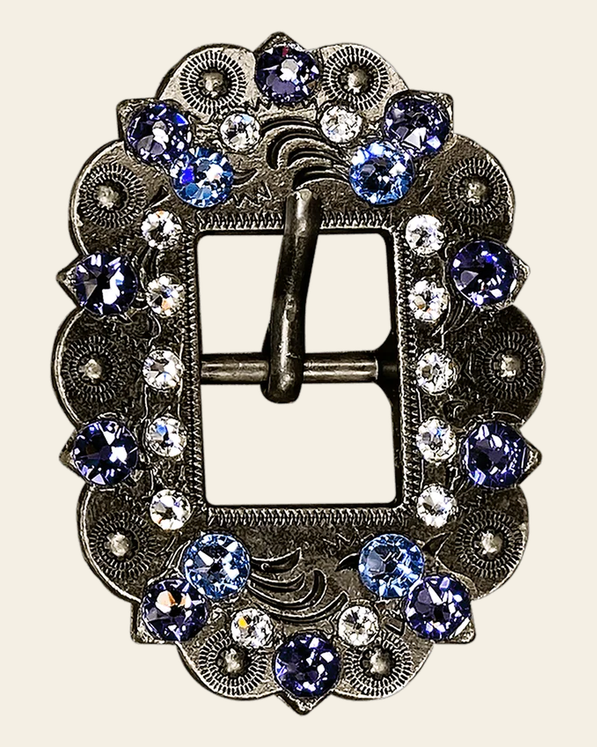 Light Sapphire Clear & Lilac Antique Silver European Crystal Cart Buckle on a warm cream background