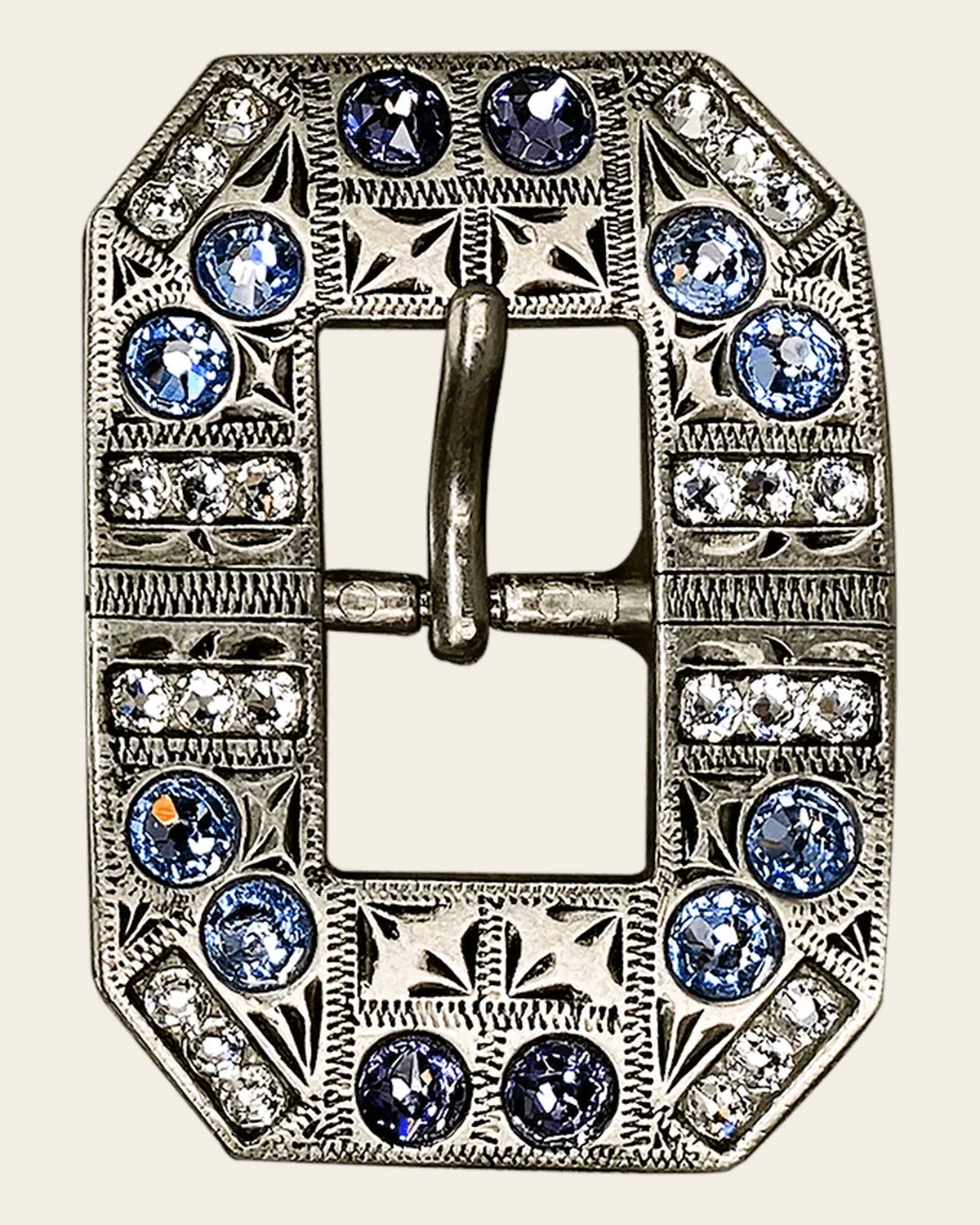 Light Sapphire Clear & Lilac Antique Silver European Crystal Square Cart Buckle on a warm cream background