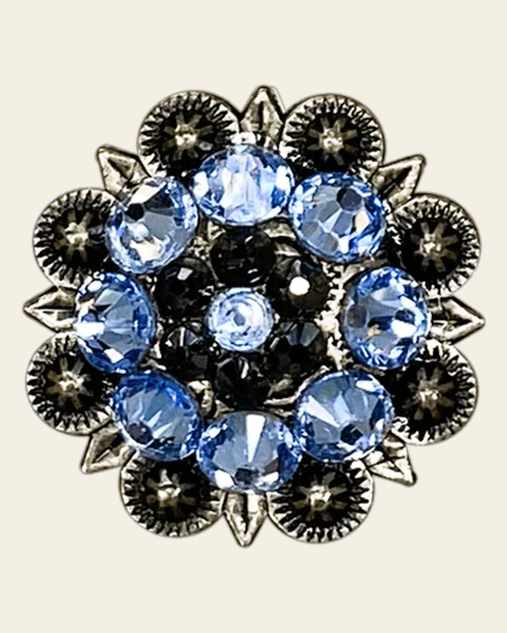 Light Sapphire & Jet Antique Silver 1.25" European Crystal Concho on a warm cream background