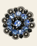 Light Sapphire & Jet Antique Silver 1.5" European Crystal Concho on a warm cream background