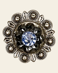 Light Sapphire & Jet Antique Silver 1" European Crystal Concho on a warm cream background