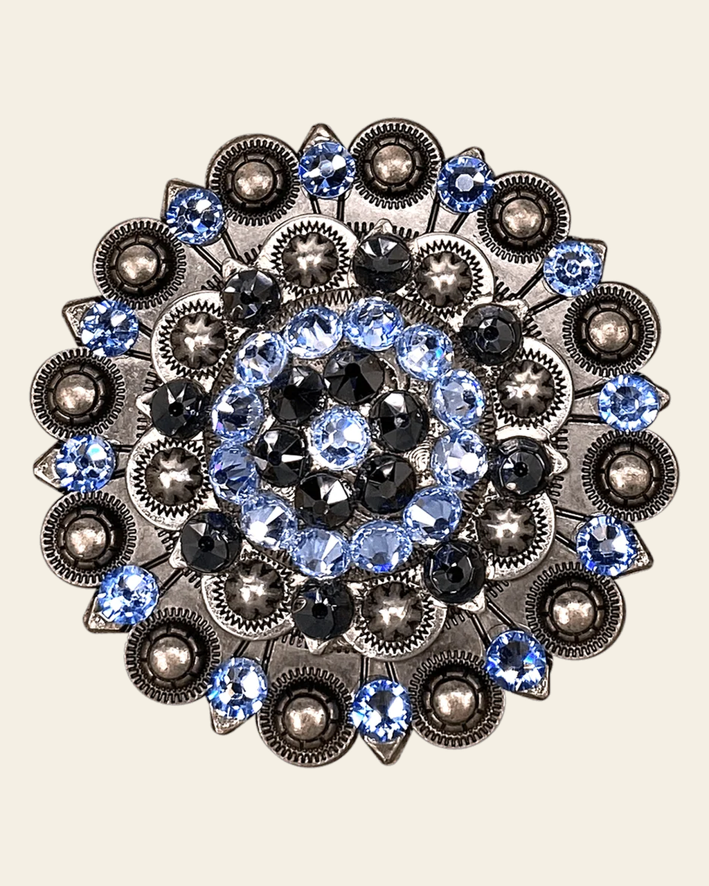Light Sapphire & Jet Antique Silver Berry Jacket European Crystal Concho on a warm cream background