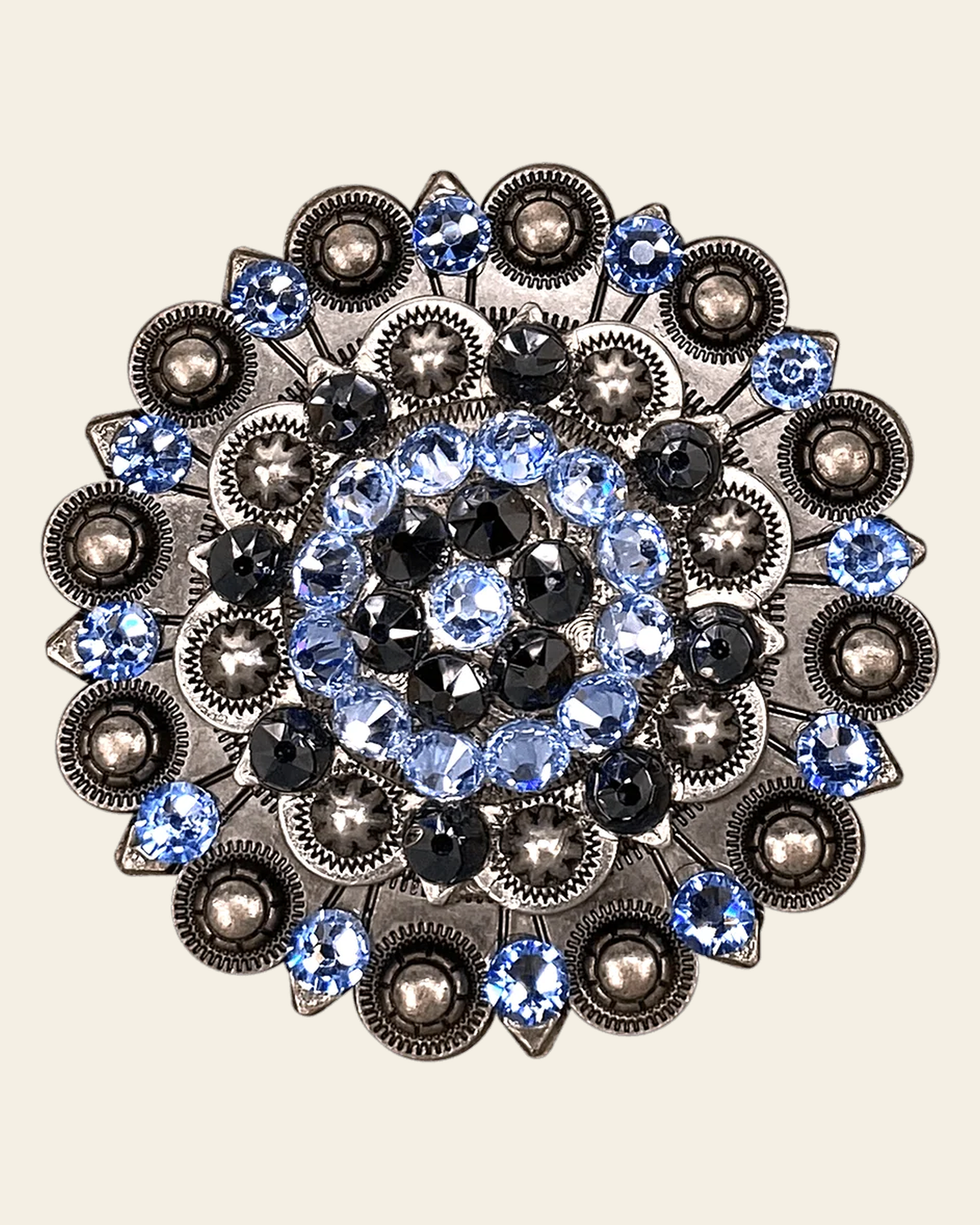Light Sapphire & Jet Antique Silver Berry Jacket European Crystal Concho on a warm cream background