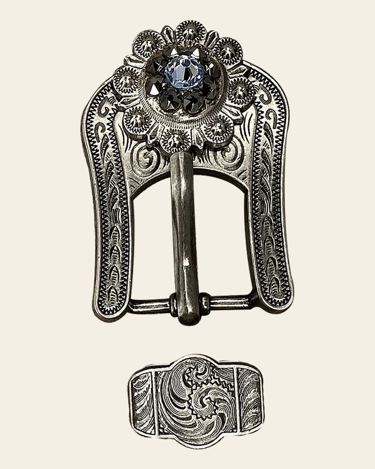 Light Sapphire & Jet Antique Silver Buckle Keeper European Crystal Concho on a warm cream background