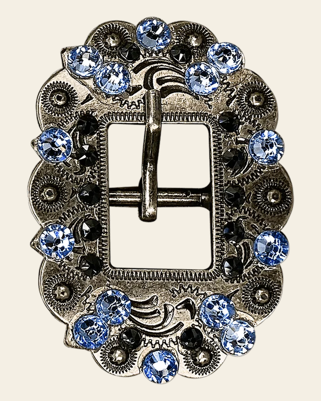 Light Sapphire & Jet Antique Silver Cart Buckle European Crystal Concho on a warm cream background