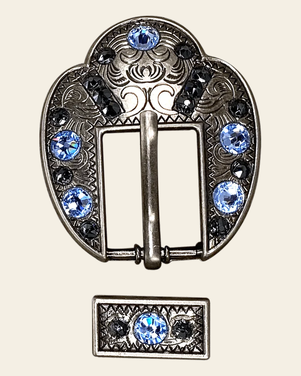 Light Sapphire & Jet Antique Silver Fancy Buckle European Crystal Concho on a warm cream background