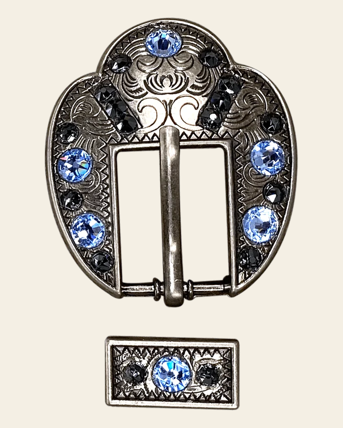 Light Sapphire & Jet Antique Silver Fancy Buckle European Crystal Concho on a warm cream background