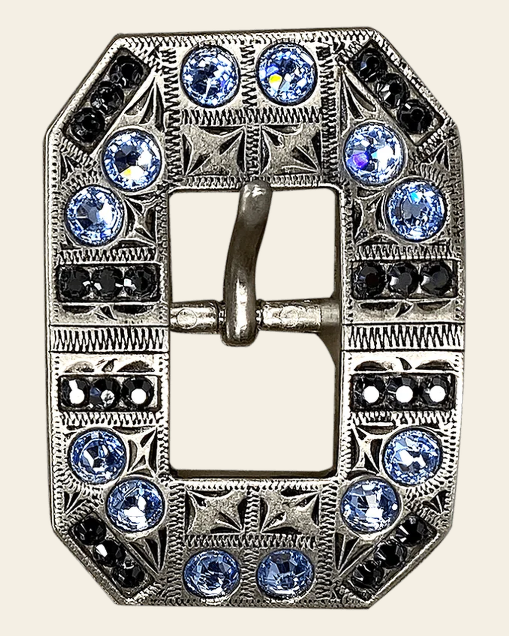 Light Sapphire & Jet Antique Silver Square Cart Buckle European Crystal Concho on a warm cream background