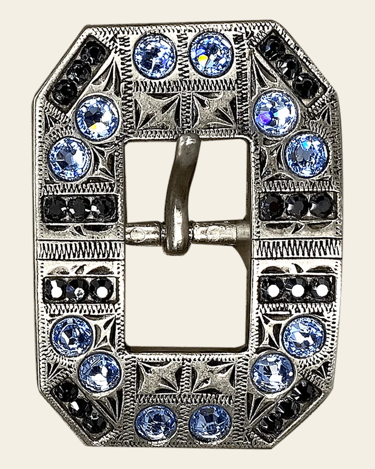 Light Sapphire & Jet Antique Silver Square Cart Buckle European Crystal Concho on a warm cream background