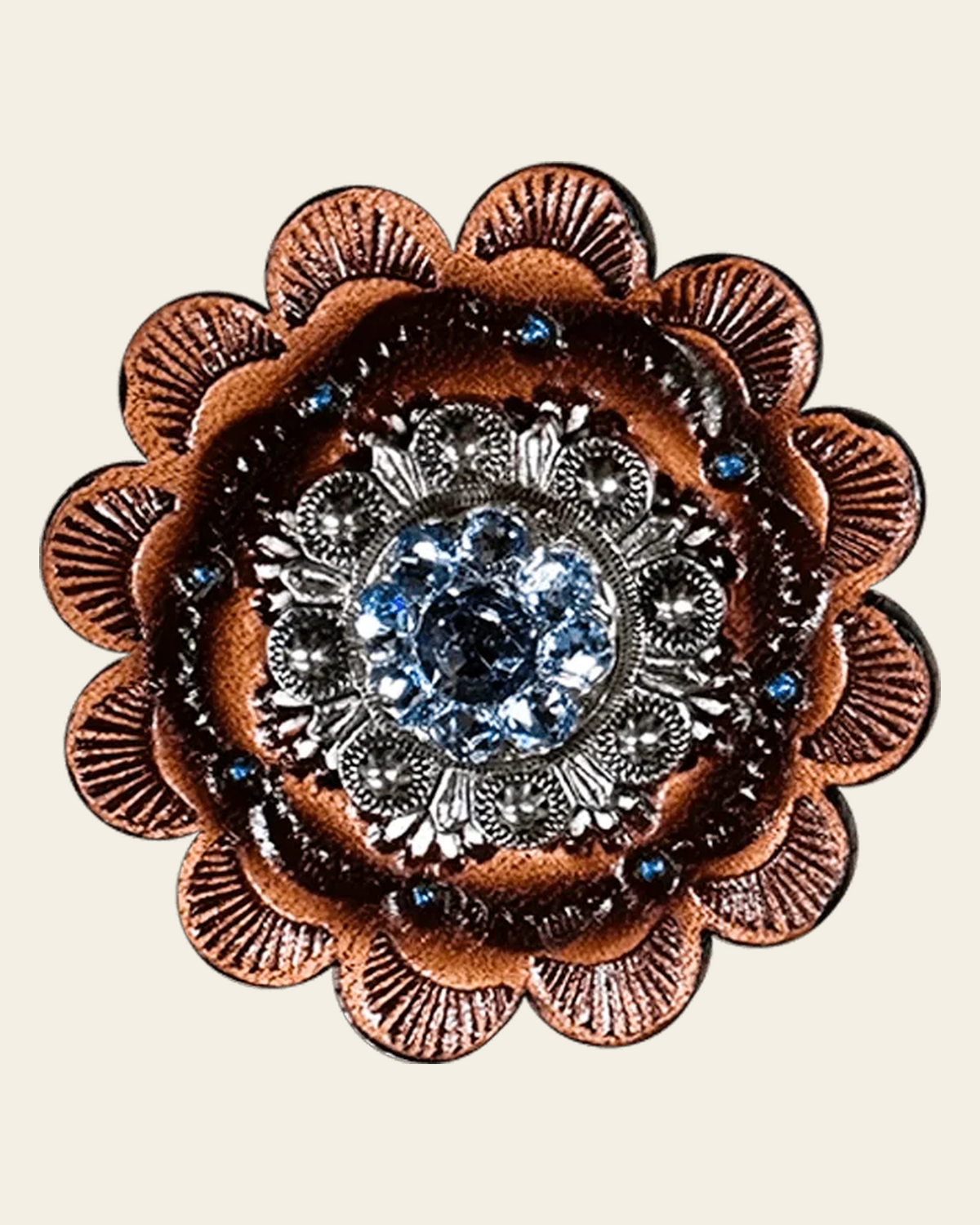 Light Sapphire & Lilac Antique Silver 1" European Crystal Concho and Leather Rosette on a warm cream background