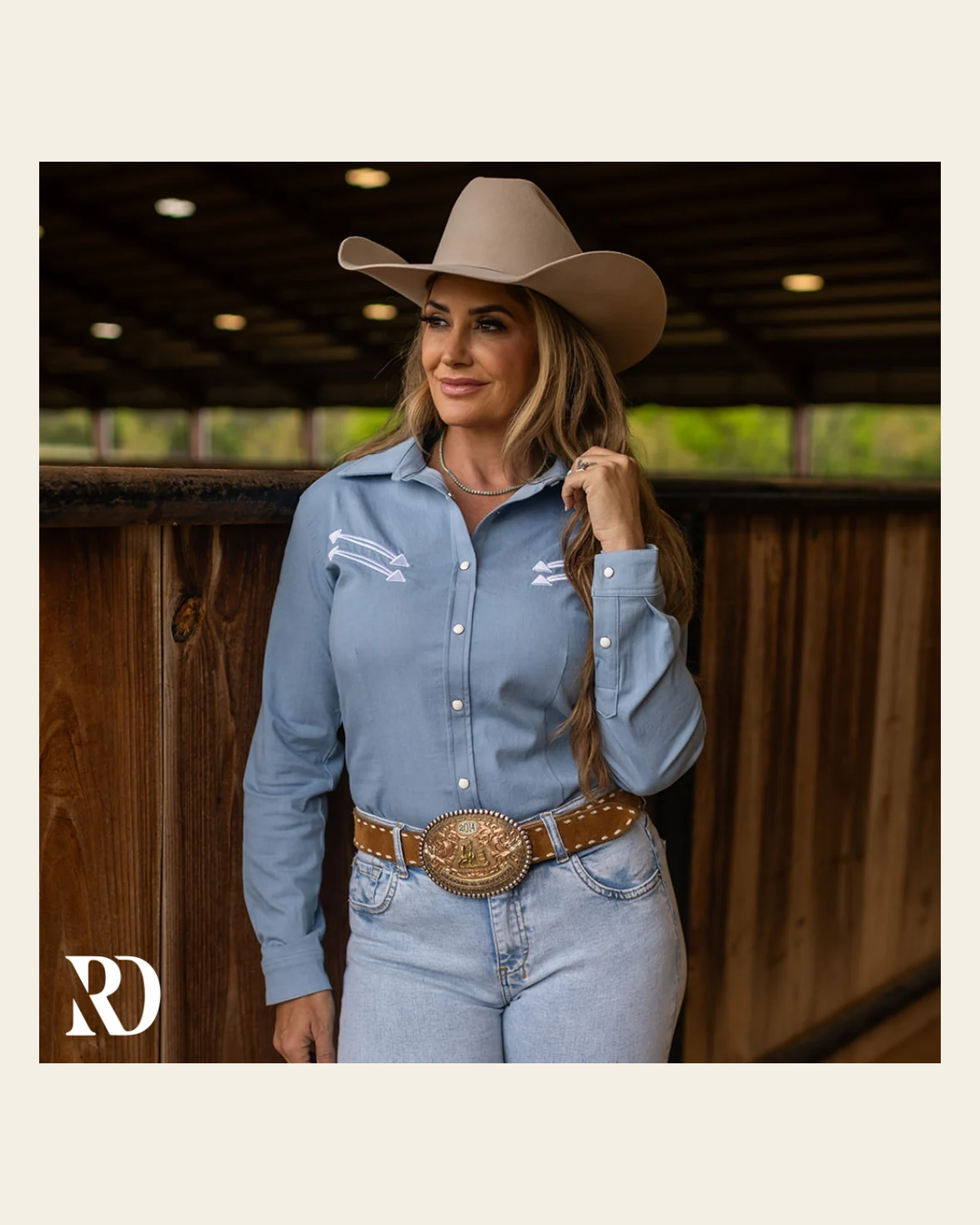Light Wash Stretch Denim Stitched Performance Rodeo Shirt on a warm cream background