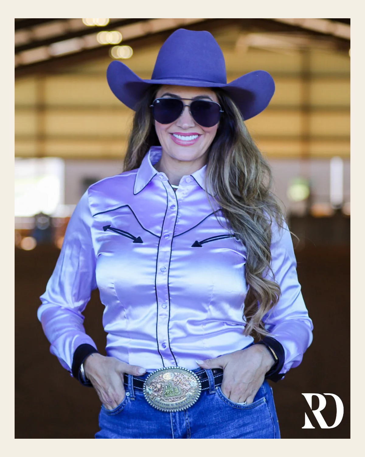 Lilac Satin Performance Rodeo Shirt on a warm cream background