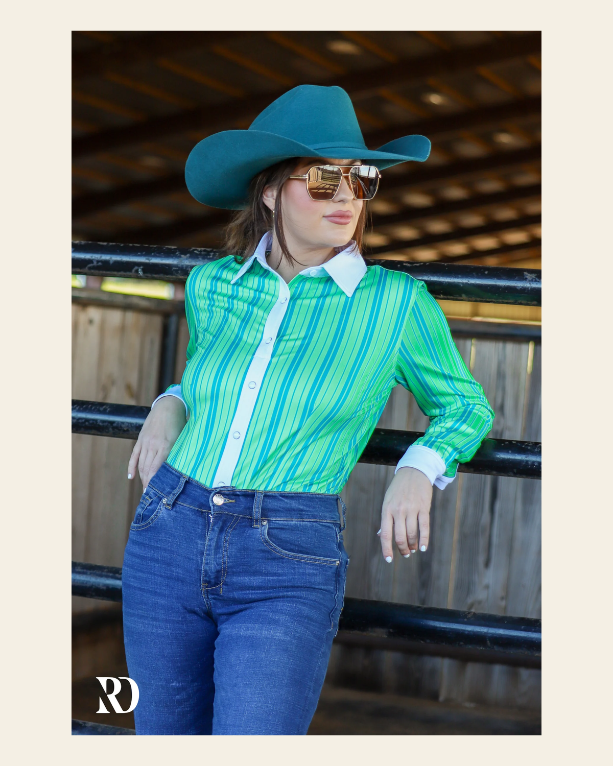 Lime And Teal Pin Stripe Performance Rodeo Shirt on a warm cream background