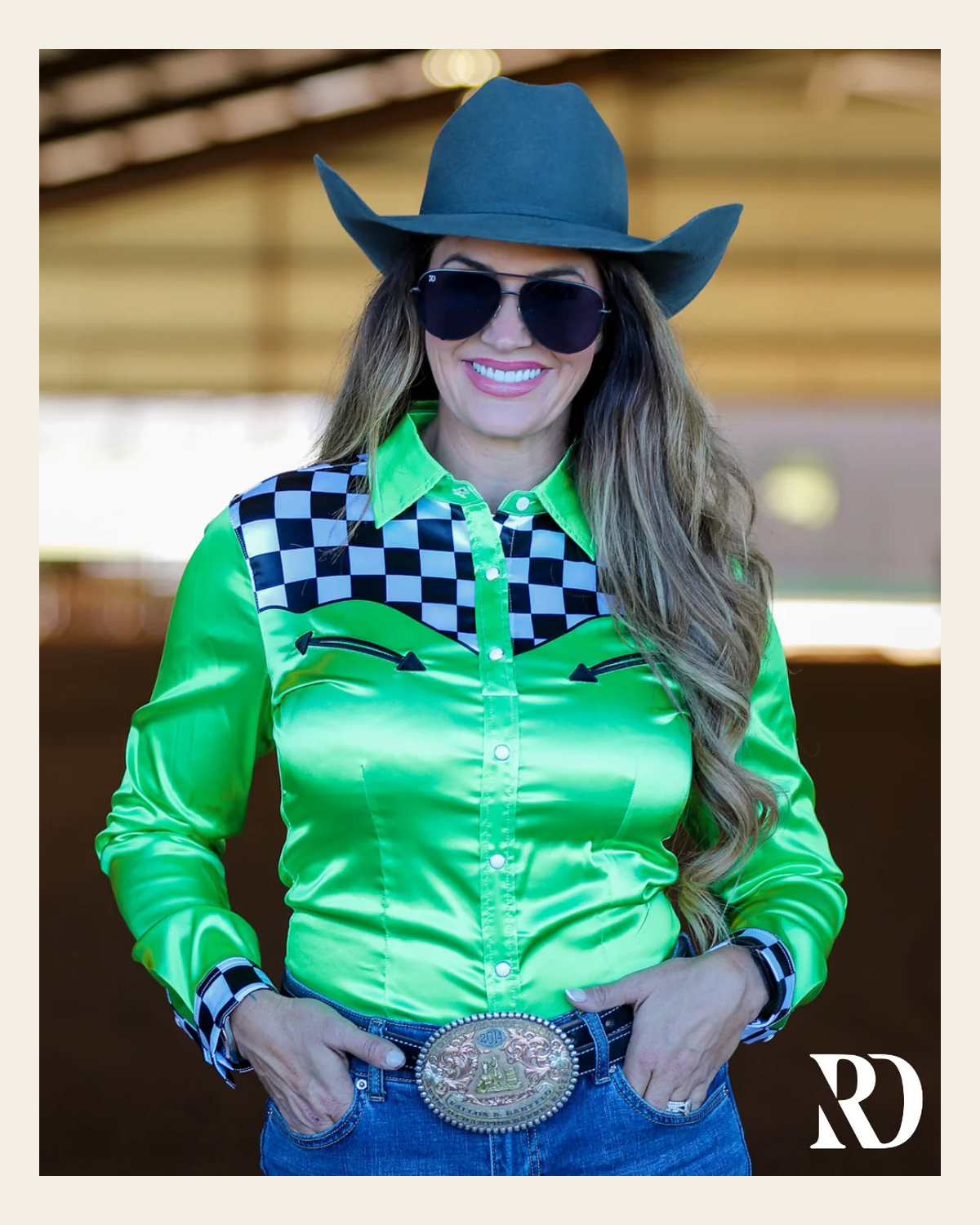 Lime Finish Line Satin Performance Rodeo Shirt on a warm cream background