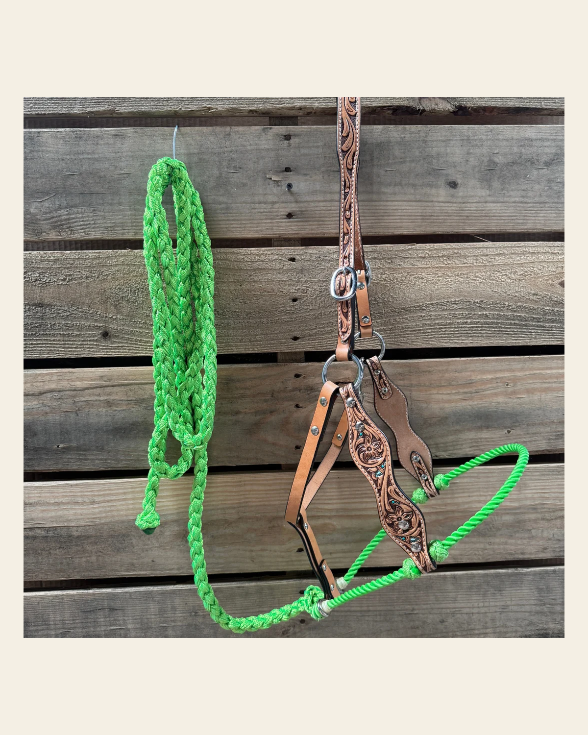 Lime Floral Tooled Lariat & Leather Combo Halter on a warm cream background