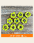 Lime Gardenia Leather Flowers - 1" Crystal Conchos - Options on a warm cream background