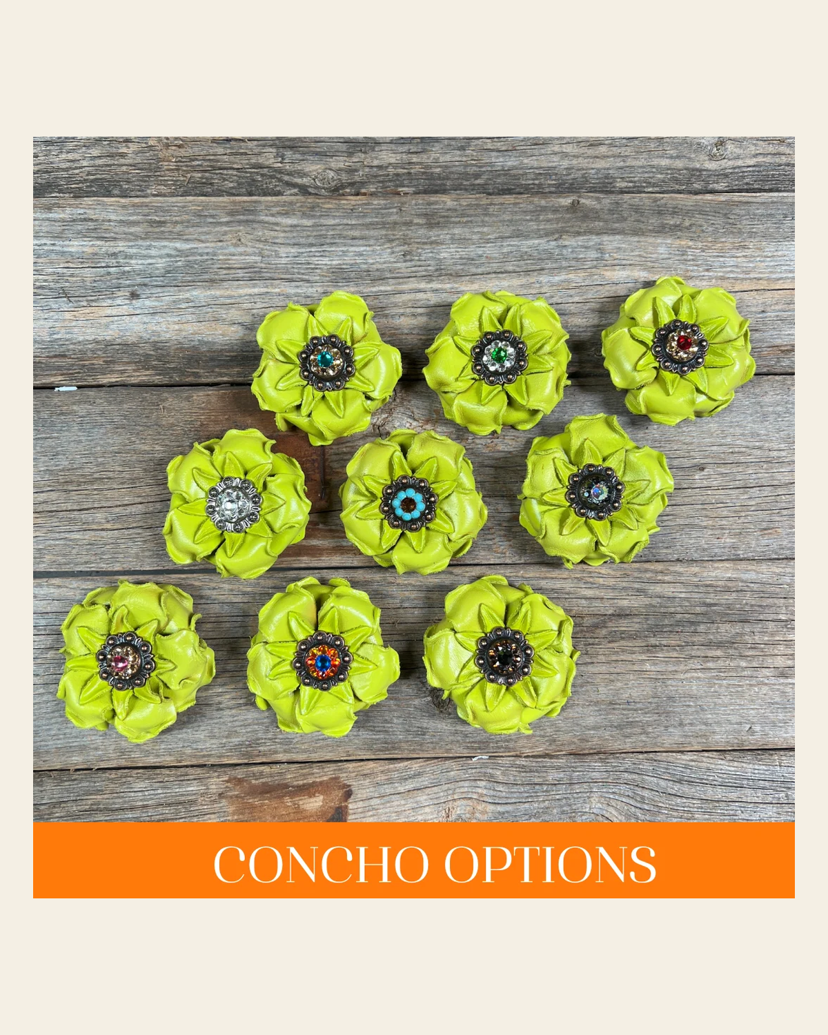 Lime Gardenia Leather Flowers - 1" Crystal Conchos - Options on a warm cream background