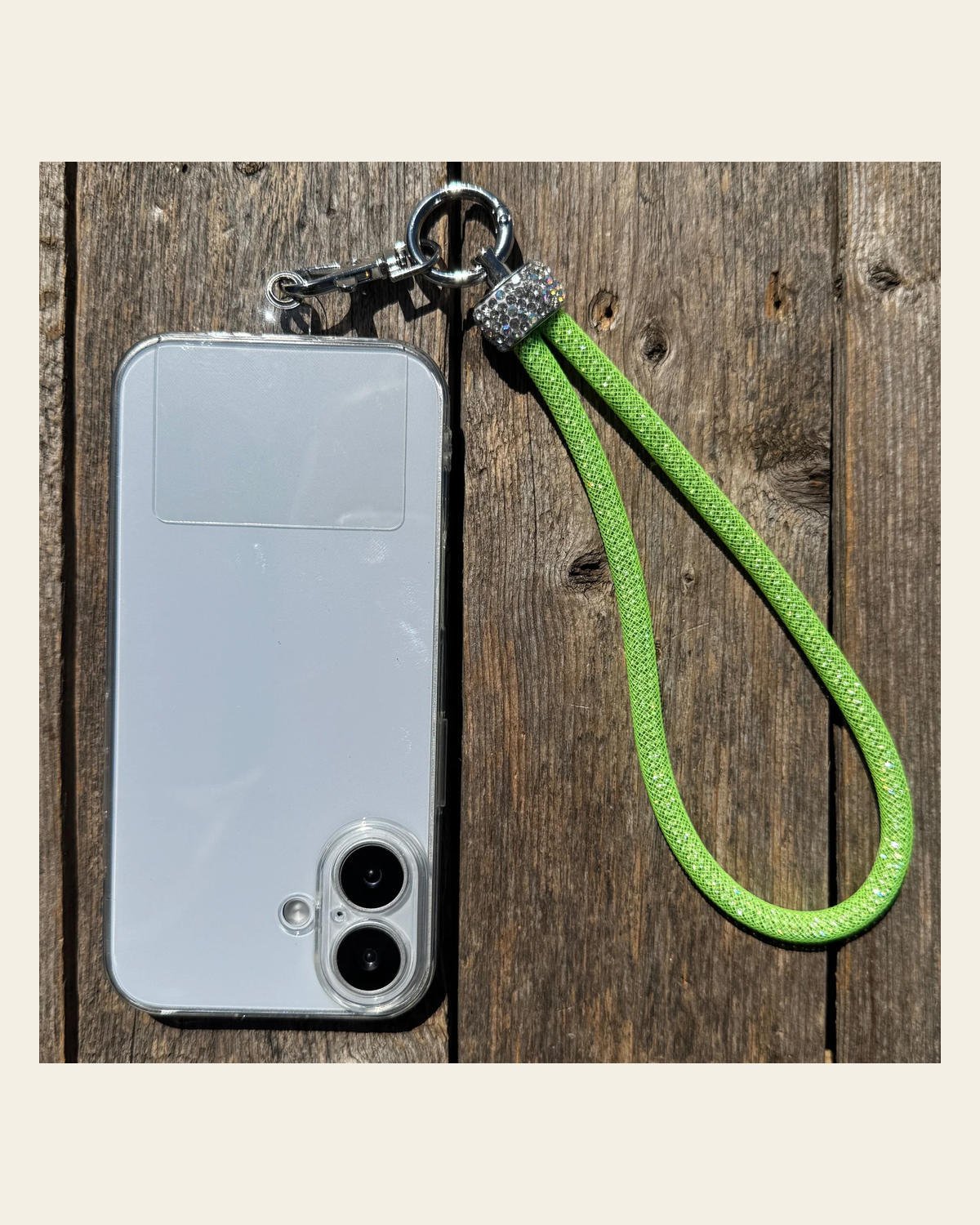 Lime Rhinestone Cell Phone Holder #CPW104 on a warm cream background