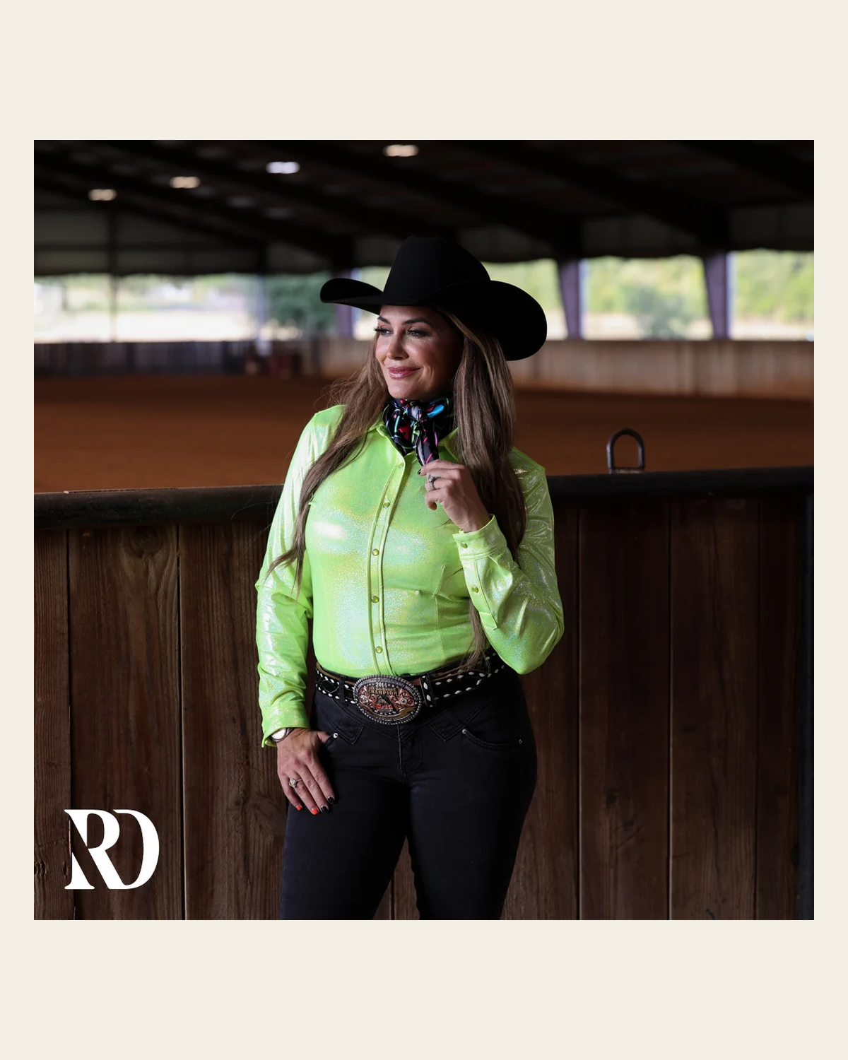Lime Sparkle Performance Rodeo Shirt on a warm cream background