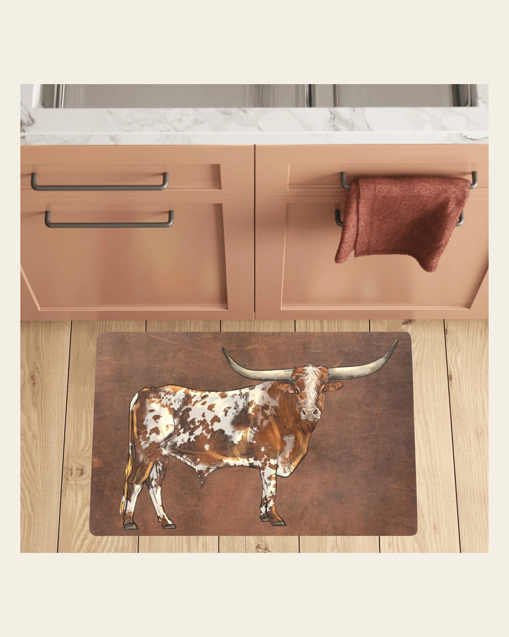 Longhorn Western Kitchen Floor Mat 32" x 20" Made in America on a warm cream background