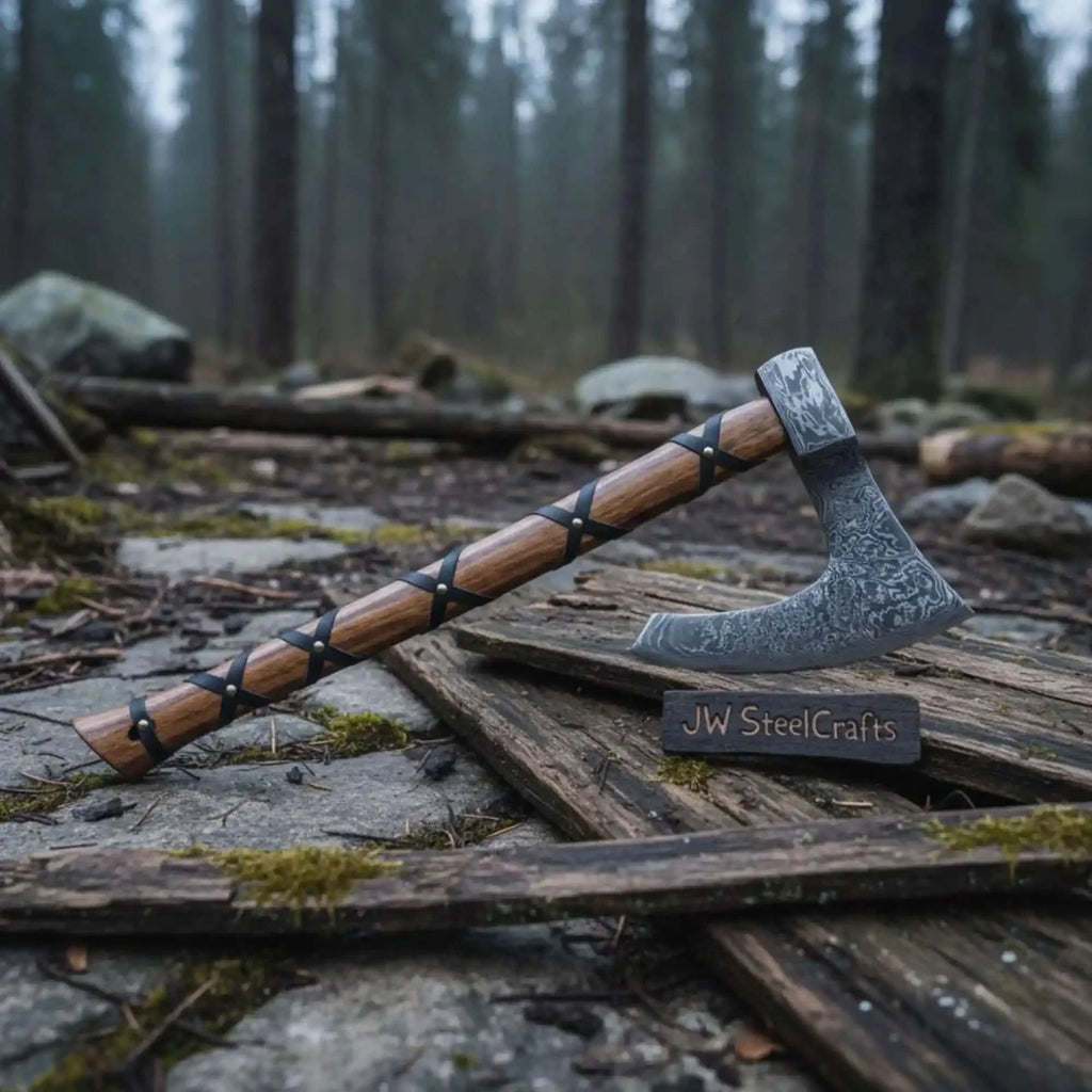 Handmade Damascus Skeggøx Bearded Axe with Leather Wrap and Sheath