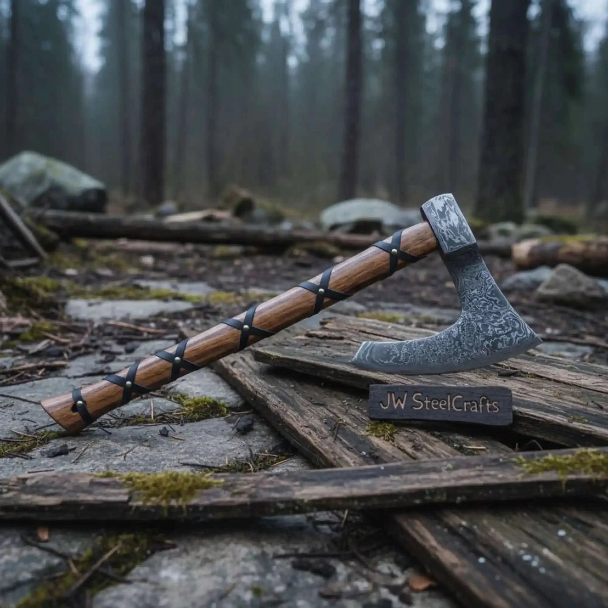 Handmade Damascus Skeggøx Bearded Axe with Leather Wrap and Sheath