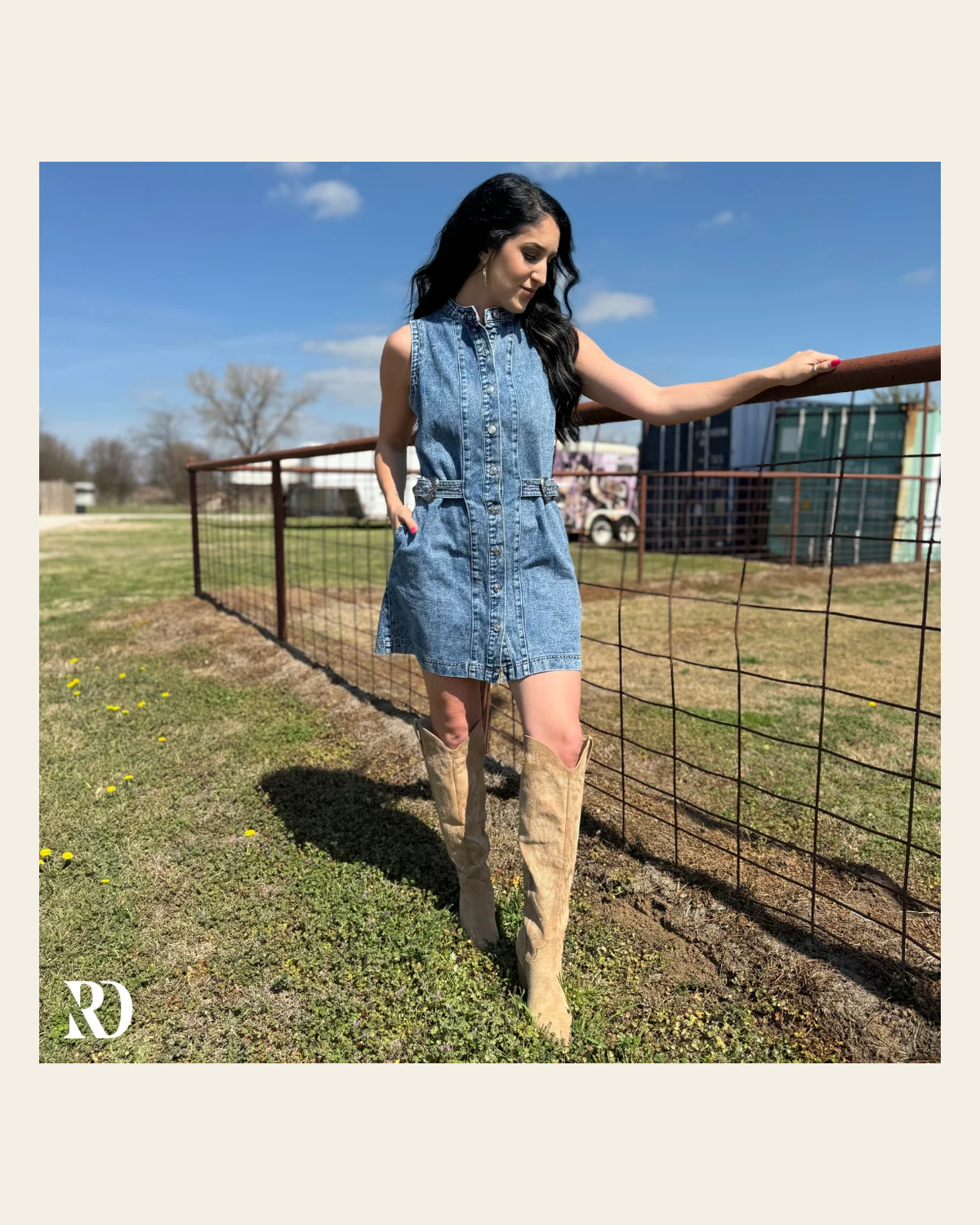 Loretta Belted Denim | Dress on a warm cream background