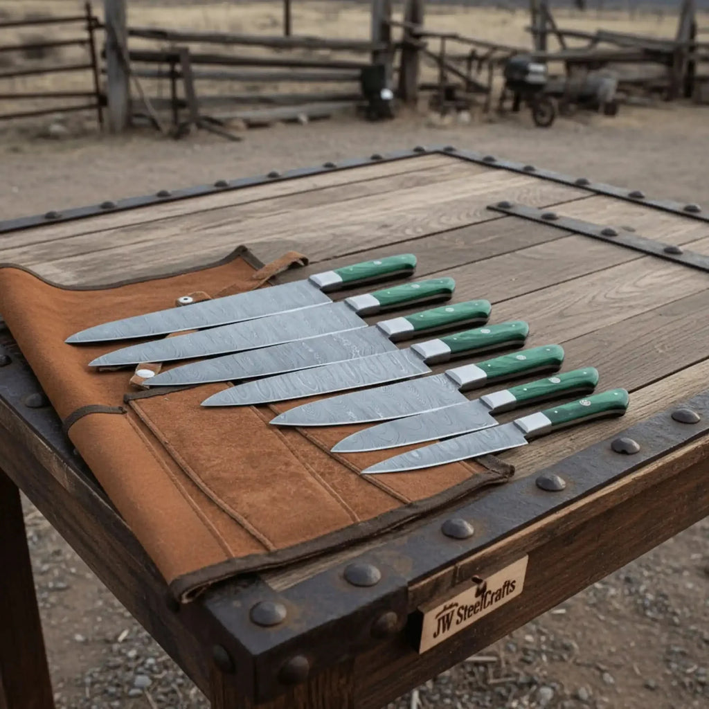 6-piece handmade Damascus chef knife set with green pakkawood handles