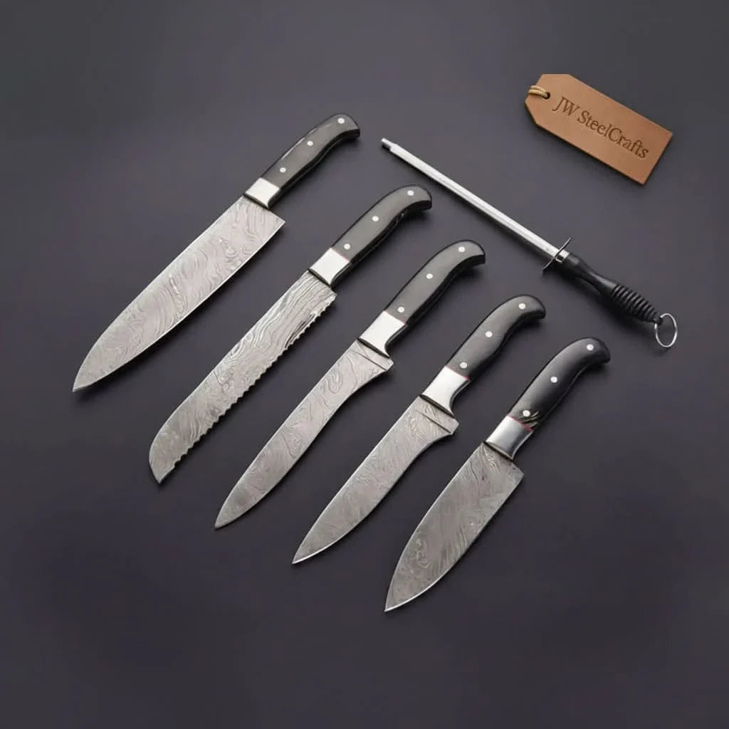 5-Piece Damascus Knife Set with Honing Rod and Black Handles