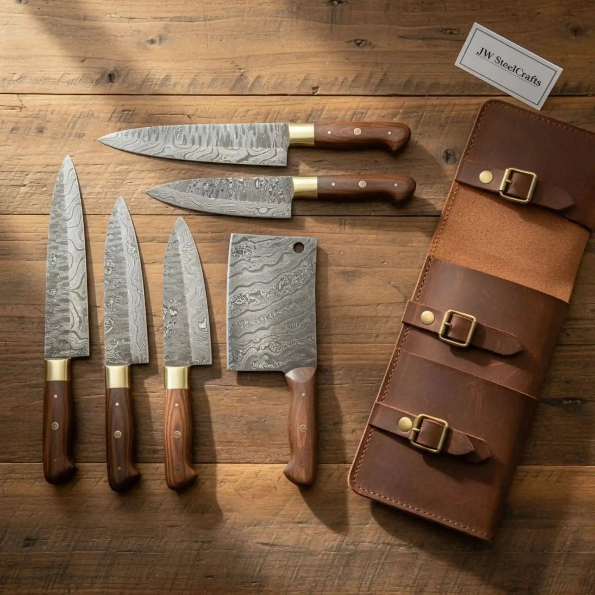 Full-Tang 6-Piece Damascus Kitchen Knife Set — Natural Rosewood Handles, Brass Bolsters, Leather Carry Roll