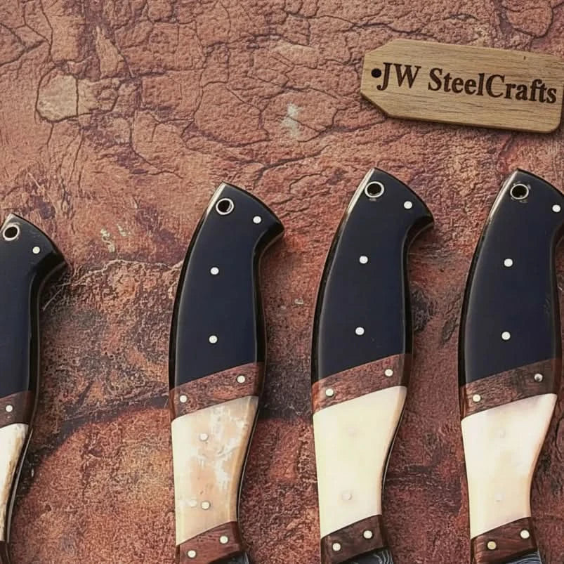 5 piece Handmade Damascus Kitchen Knife Set with Black Resin White Bone and Rosewood Handles