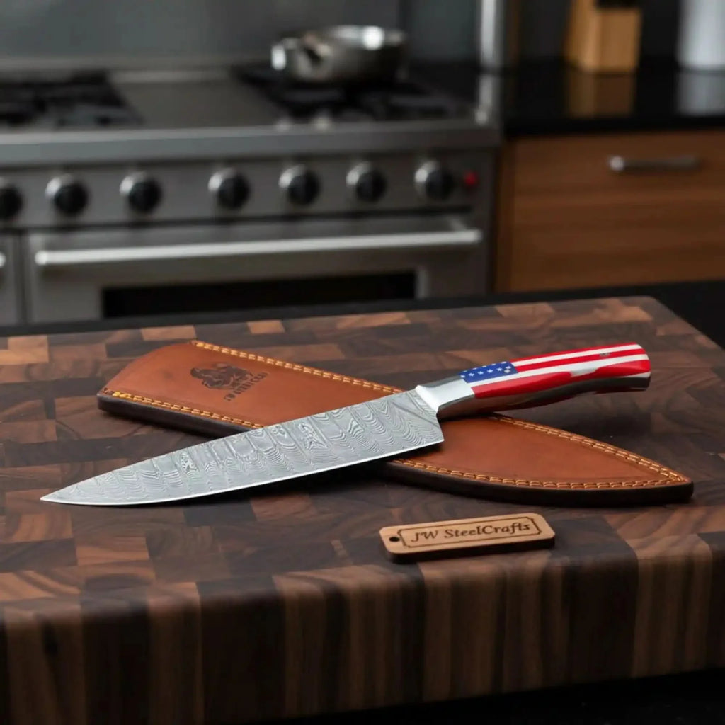 Damascus Chef Knife USA Flag Resin Handle | Hand-Forged Performance Blade