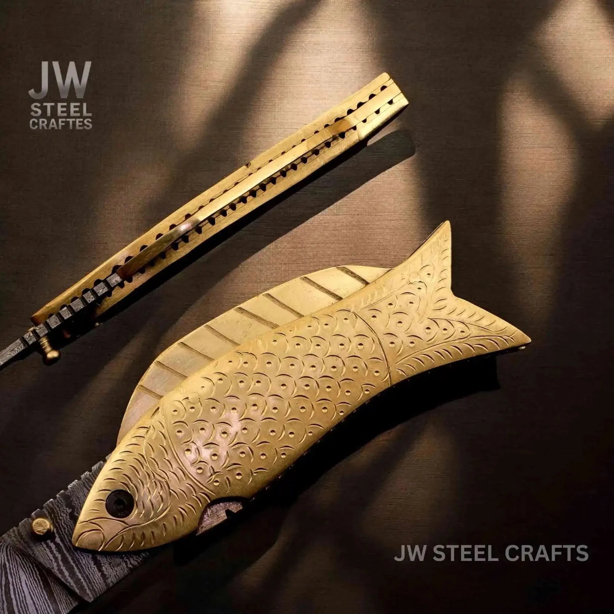 Gold Fish Folding Knife with Engraved Brass Fish Handle