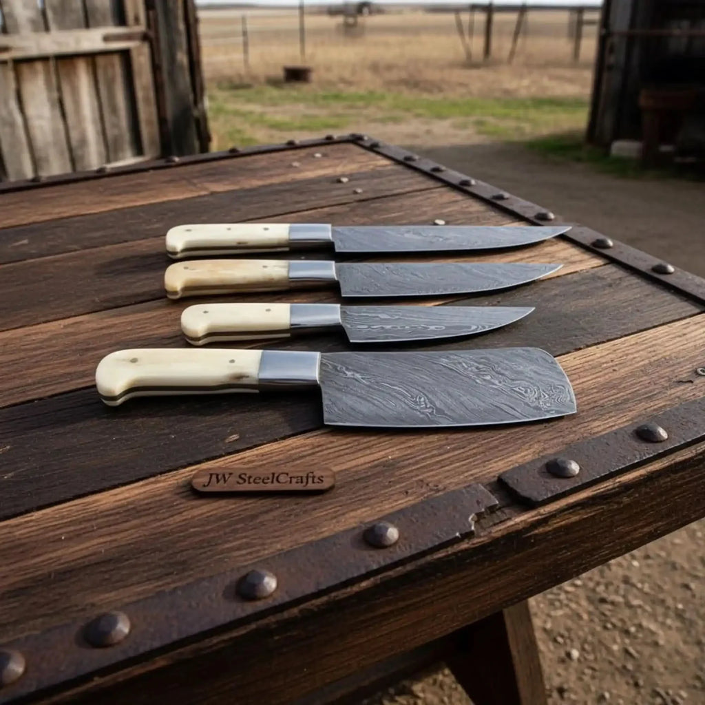 4-Piece Damascus chef Knife Set with White Camel Bone Handles