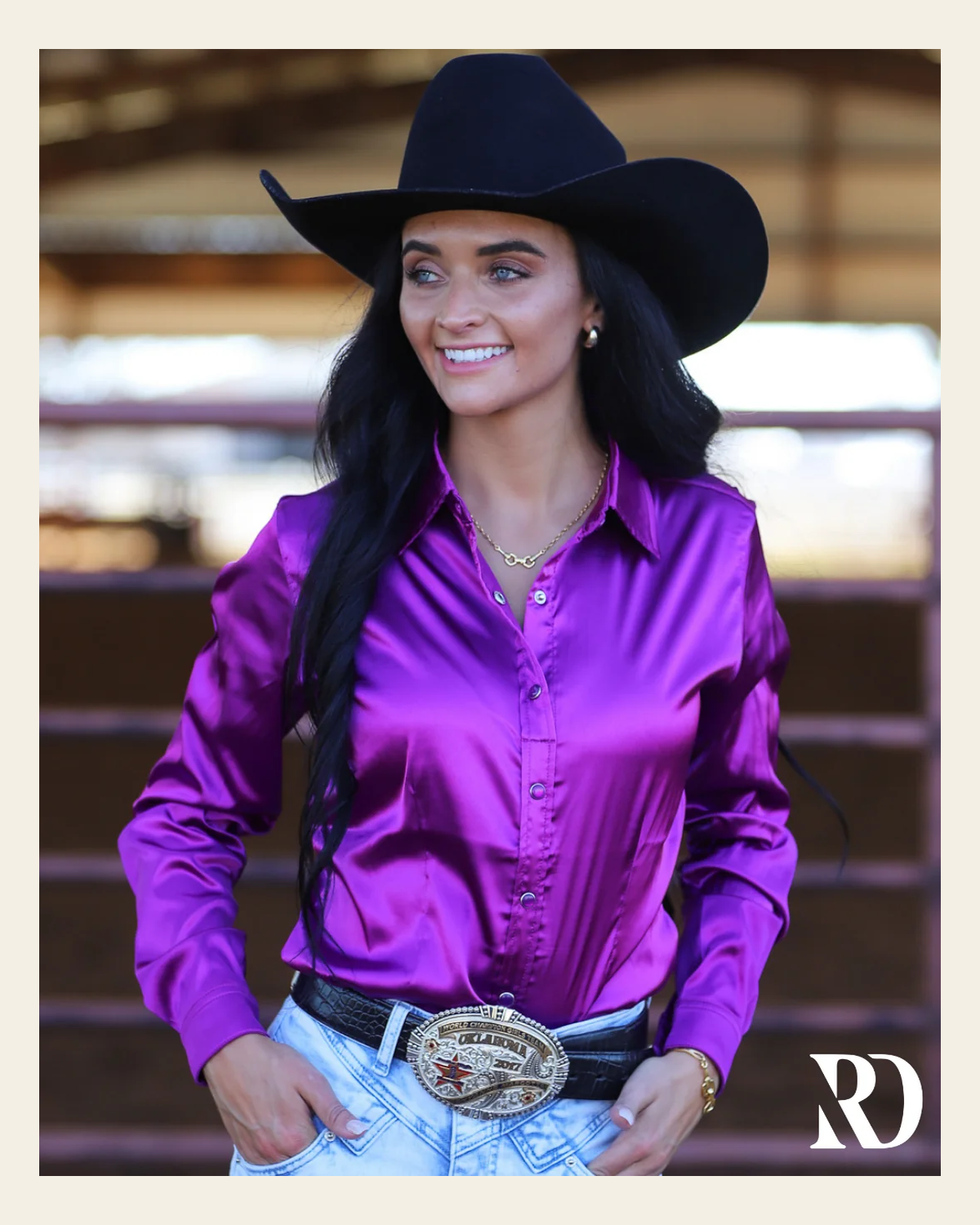 Magenta Satin Performance Rodeo Shirt on a warm cream background