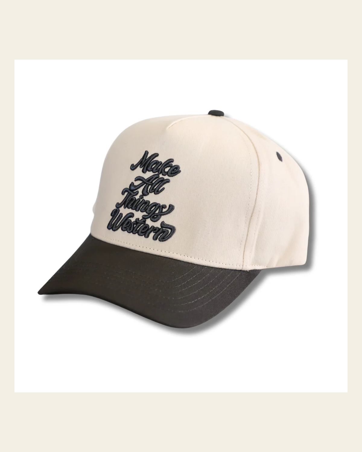 Make All Things Western (charcoal) Hat on a warm cream background